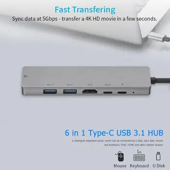 

6 in 1 Type-C USB 3.1 HUB Converter USB-C 4K HDMI 2 USB 3.0 PD RJ45 Adpter for Laptop Notebook PC Aluminum Alloy Newest Arrival