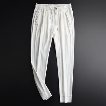 

Stripe Linen Hight Quality Yarn Dyed Ventilate Mens Trousers Plus Size 4xl Elastic Waist Slim Fit Pants Man