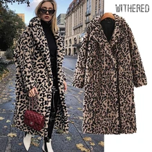 Withered winter woolen overcoat women england vintage Leopard Print Lamb hair drop shoulder oversize thick trench coat women top