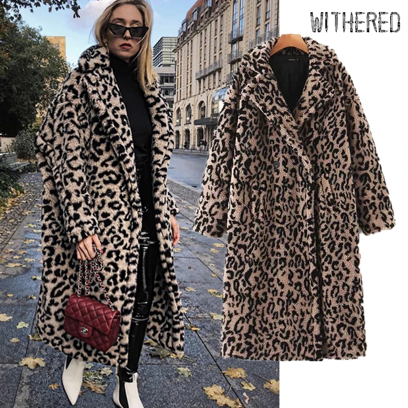 

Withered winter woolen overcoat women england vintage Leopard Print Lamb hair drop shoulder oversize thick trench coat women top