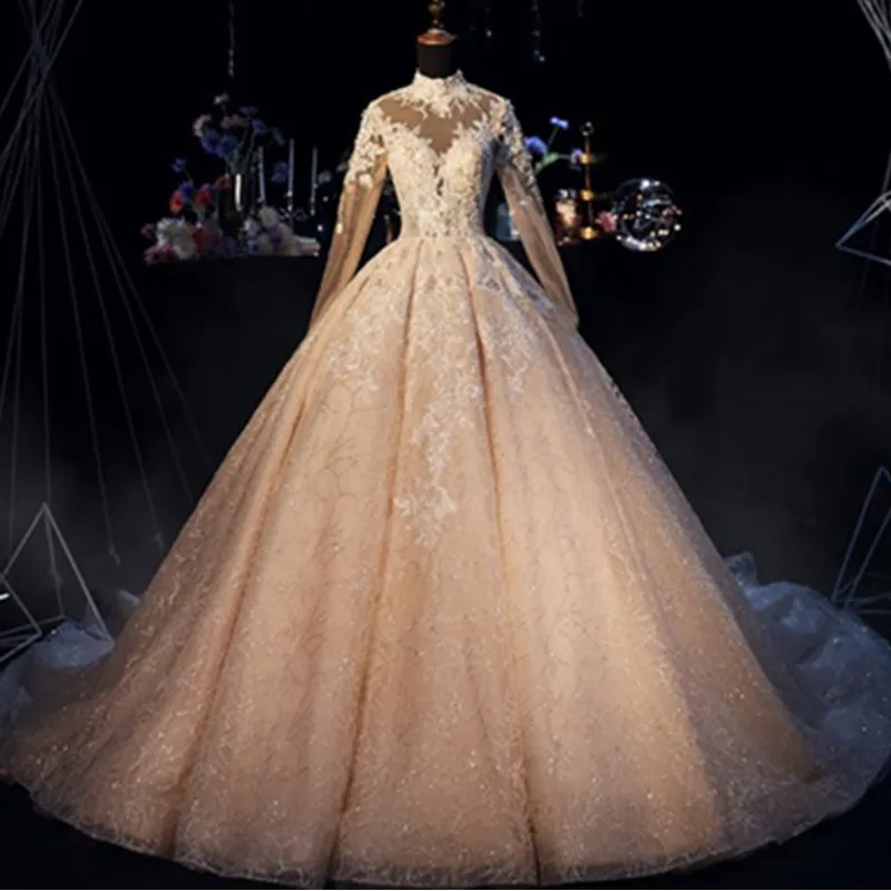 Robe De Mariee роскошное блестящее свадебное платье цвета шампань с высоким воротом принцесса кружева длинный рукав свадебное платье с открытой спиной