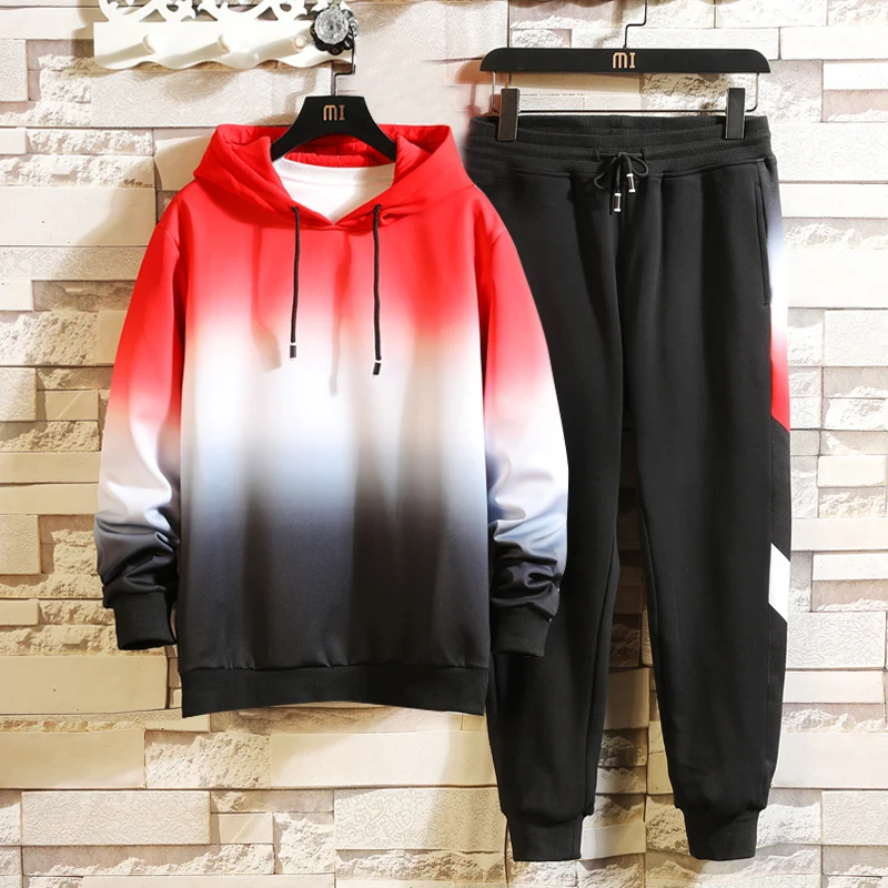

Men Tracksuit Sets 2020 Spring Autumn New Gradient color Design hooded sweater+Pants 2PCS Running youth Sportswear Sport Suit
