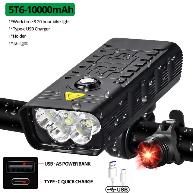 10000mAh Bike Light USB Rechargeable 5000 Lumens Bike Headlight 6T6 LED Super Bright Flashlight Front Lights and Back Rear light 5T6-10000mah Rear