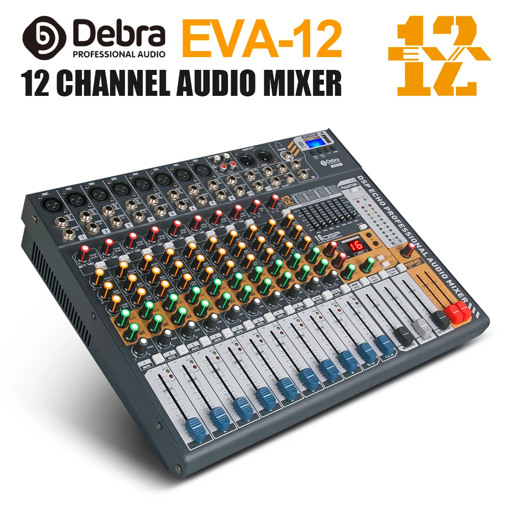 Дебра аудио чистый звук! Pro EVA-12 12 Каналы аудио dj микшер утешителя с 48В Мощность, включающим в себя гарнитуру блютус и флеш-накопитель USB для Запись этап