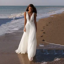 

Summer Beach Wedding Dress A Line Boho Bridal Gowns Deep V Neck Sleeveless Soft Tulle Backless Bride Dresses Vestido De Noiva