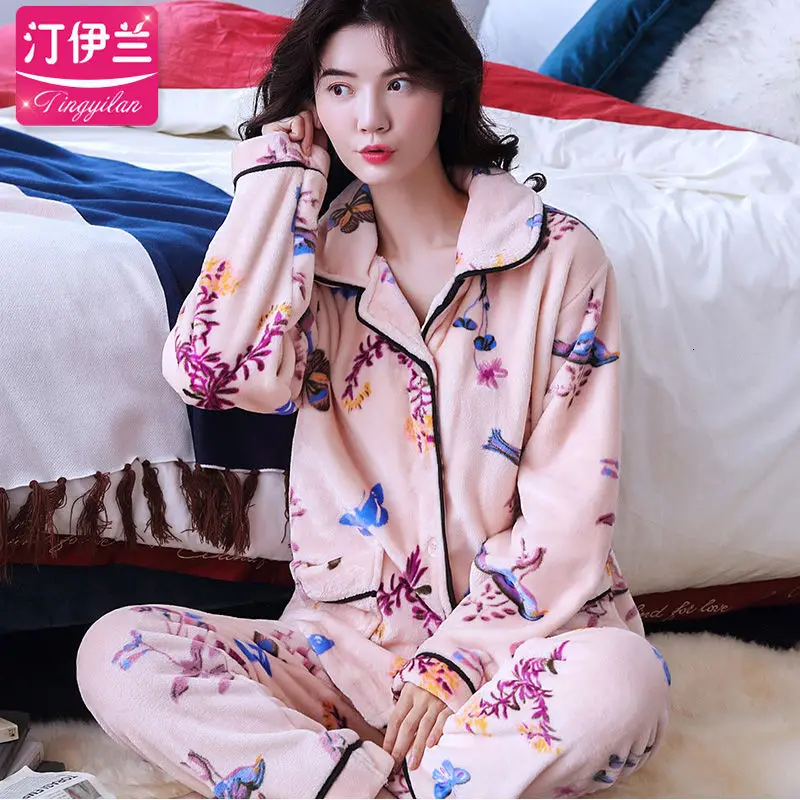 pijamas women sets Зимняя Пижама женская Фланелевая пижама с принтом женские комплекты Коралловая флисовая тёплая Пижама женская плюс размер Пижама Femme наборы XXXL для сна - Цвет: pijamas women sets