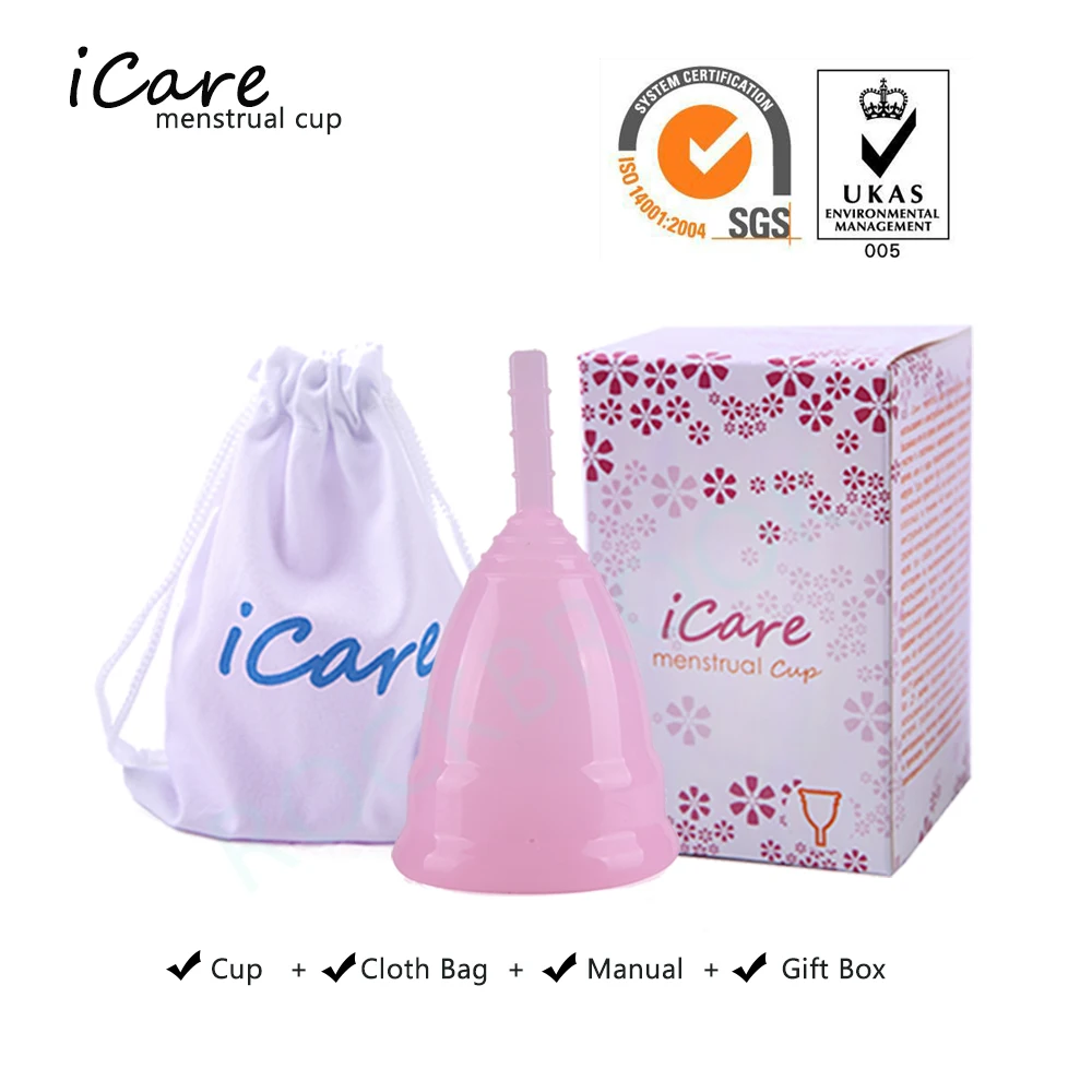 ICare Горячая Распродажа, медицинская силиконовая менструальная чашка для женщин, женская гигиеническая менструальная многоразовая Женская менструальная чашка - Цвет: Pink cup with box