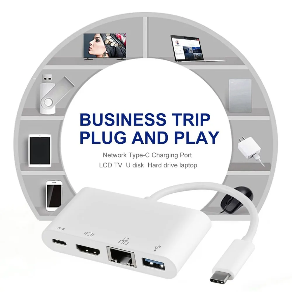 Белый легко Применение& переноски USB 3,1 Тип с разъемами типа C и USB 3,0+ HDMI(1080P@ 60 Гц)+ гигабитный Ethernet+ Тип-Док-станция с USB адаптер