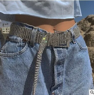 

2020 new zircon fashion personality flash belt accessories fashion metal silver shiny party dress belt chain belt