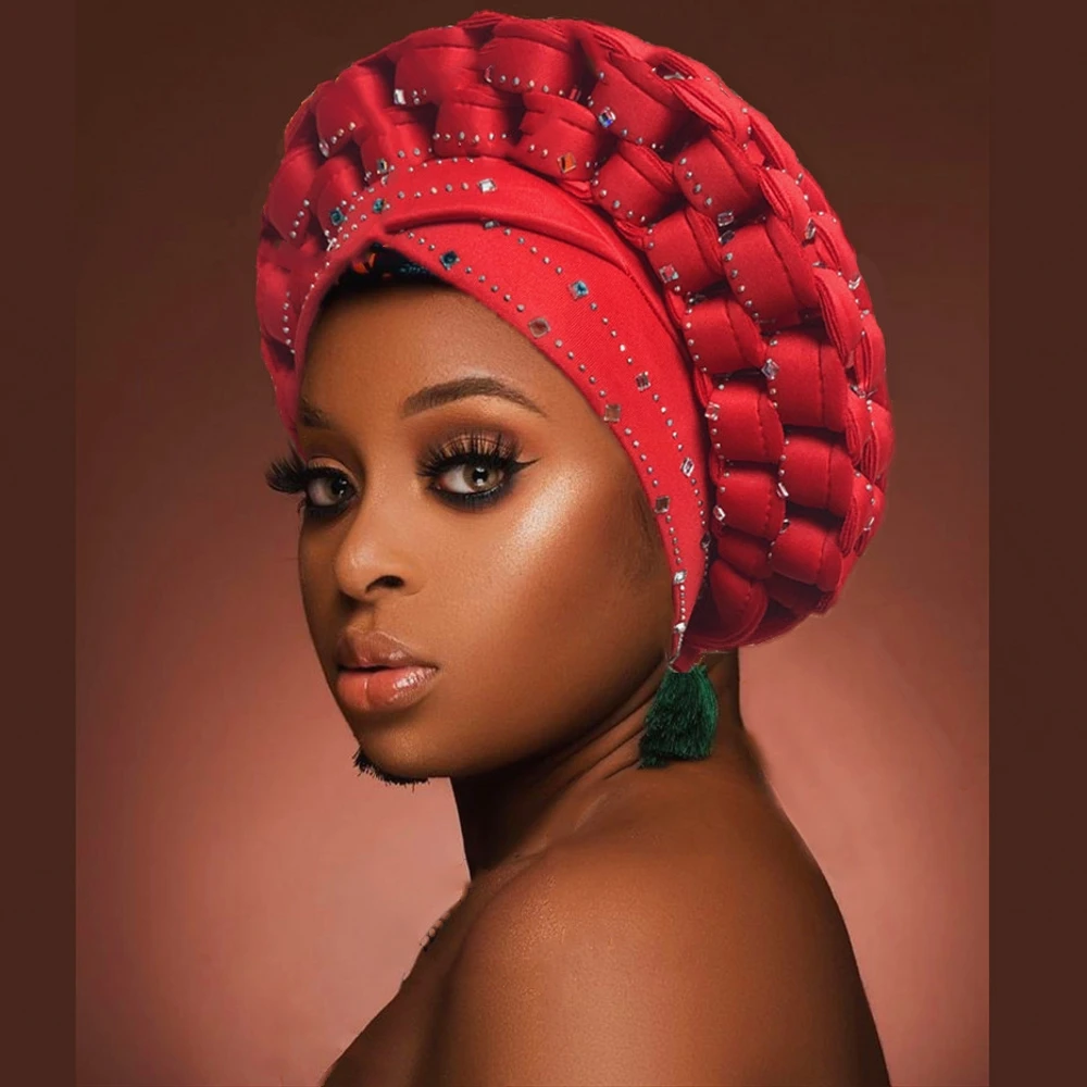 african outfits for women 2021 New African Auto Gele Aso Oke Headties Muslim Turban Caps Nigerian Wedding Gele Ready To Wear Autogele Head Wraps african robe