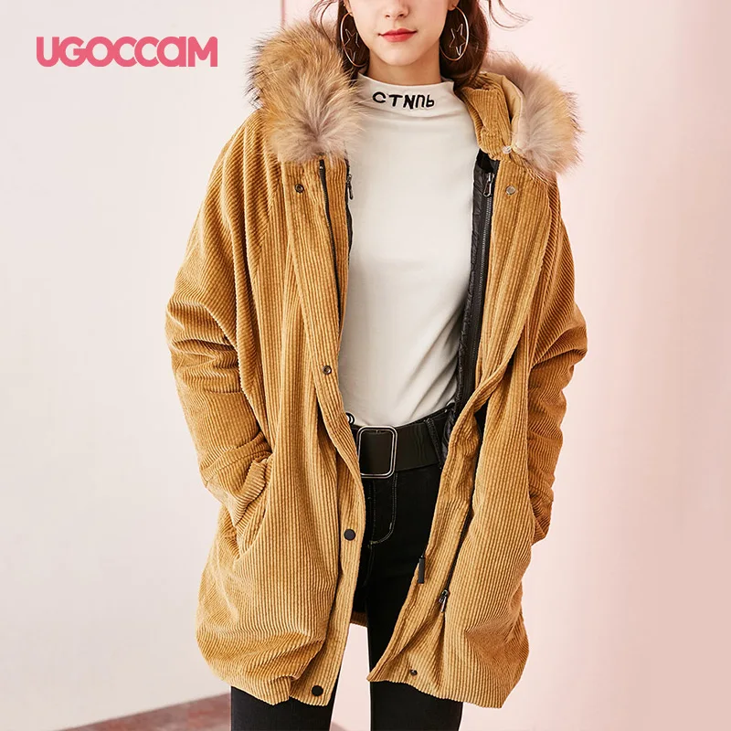 UGOCCAM верхняя одежда с капюшоном, зимняя модная женская уличная куртка с длинным рукавом, на молнии, на завязках, утепленная куртка с капюшоном