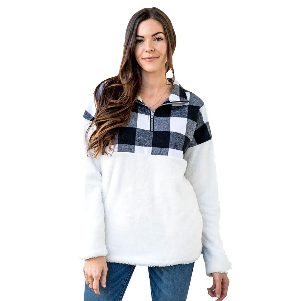 Black Sweatshirts SEBOWEL Женские уютные пушистые камуфляжные/клетчатые пуловеры свитшоты с карманами женские Теплые Топы на молнии с длинными рукавами осень-весна s-xxl - Цвет: Black Sweatshirts