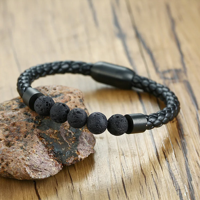 Titanium Steel Stainless Steel Man Chakra Bracelet Jewelry Black Leather Volcanic Beaded Stone Bracelets