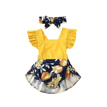 

pudcoco Newborn Baby Girl Lemon Print Ruffles Romper Dress Headband Lovely Kids Bowknot Backless Outfits Clothes Summer 0-24M
