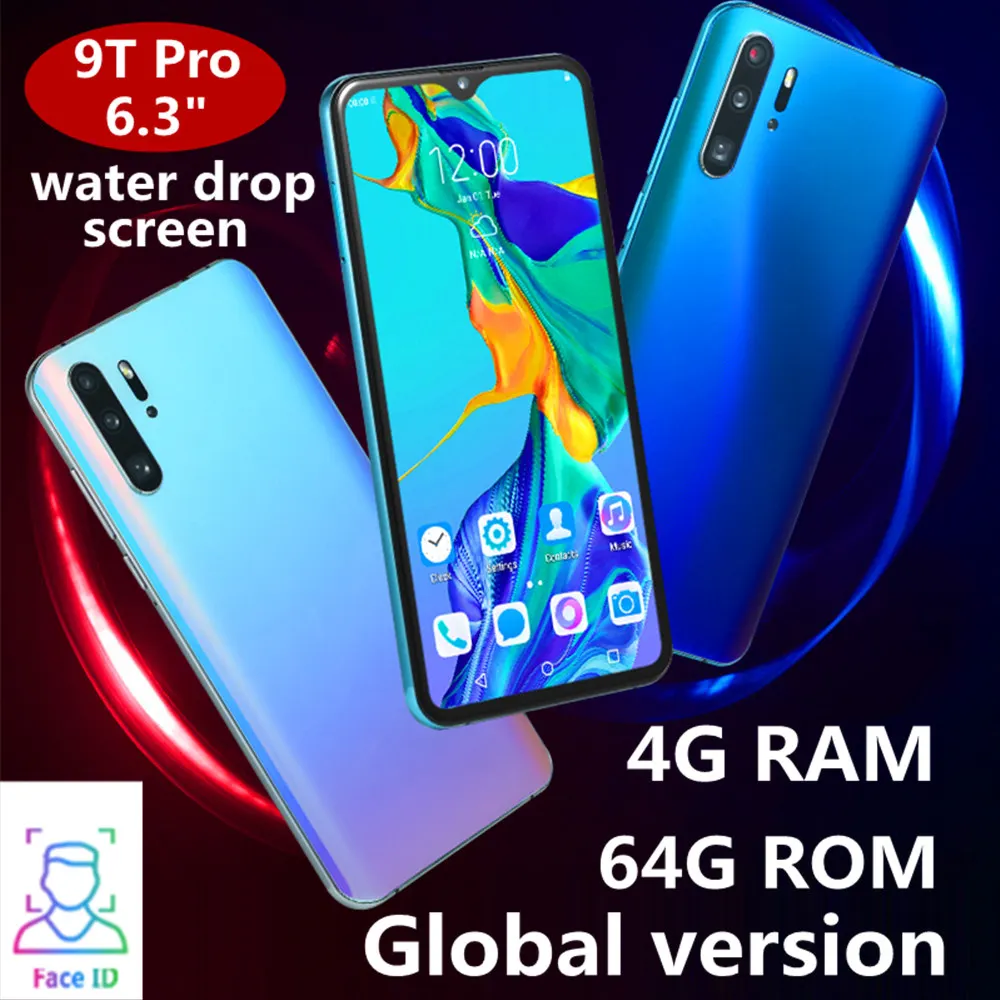 

9T pro smartphones 6.3" water drop screen Quad core 4G RAM 64GB ROM 13MP face unlocked Android mobile phones wifi Global version