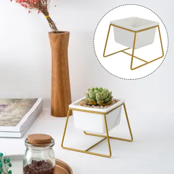 

1 Set Simple Flowerpot Ceramic Planter with Iron Rack Succulent Flowerpot