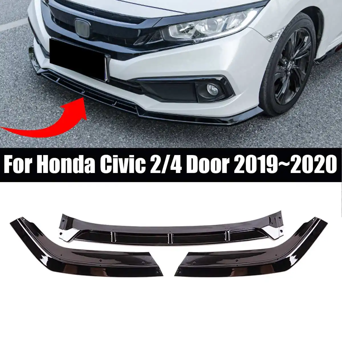 

NEW Glossy Black 3 Pcs Car Front Bumper Lip Splitter Diffuser Lip Body Kit Spoiler For Honda for Civic 2/4 Door 2019~2020