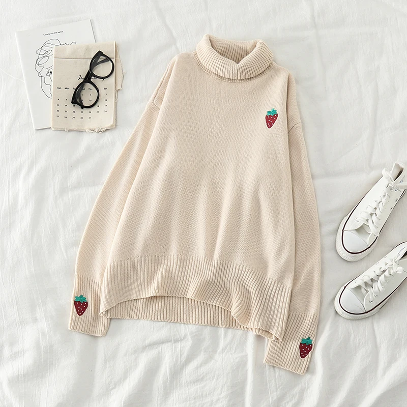 Neploe Women Sweaters New Knitted Turtleneck Strawberry Embroidery Casual Loose Autumn Winter Pullover Jumpers 56197