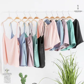 

Women Pajamas Set Silk Lace Satin Pajamas Shorts + Deep V Camisole Set Sexy Cute Nightwear Sleepwear Women Lingerie