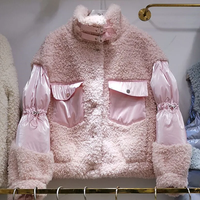 

Wool Jacket Women Autumn Winter Coat Short Faux Lamb Fur Coat Cotton-padded Women Parka Girls Student Pink Padded