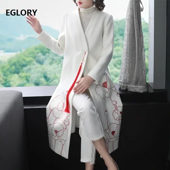 

Top Quality New 2019 Autumn Winter Long Wool Coats Women Floral Embroidery Beading Tassel Patchwork Green White Overcoats Female