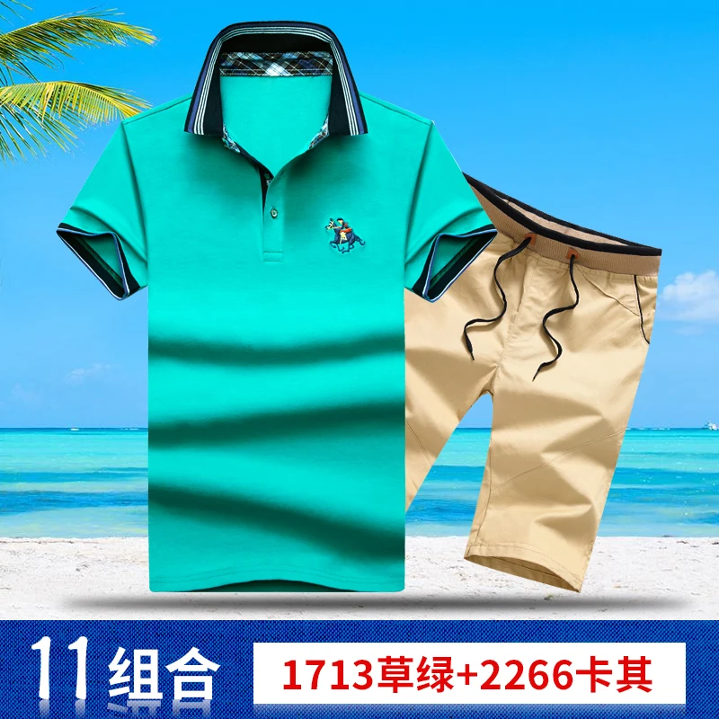 AZ-1713 11 Aismz Мужская спортивная одежда повседневные спортивные костюмы мужские Moletom Masculino Летние наборы вышивка поло топы футболки+ шорты мужские s комплект - Цвет: AZ-1713 11