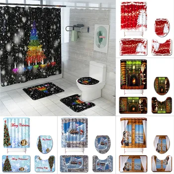 

Christmas Waterproof Quick-drying Shower Curtain Bath Mat Toilet Mats Toilet Lid Cover 4pcs Set Home Use Christmas Decoration