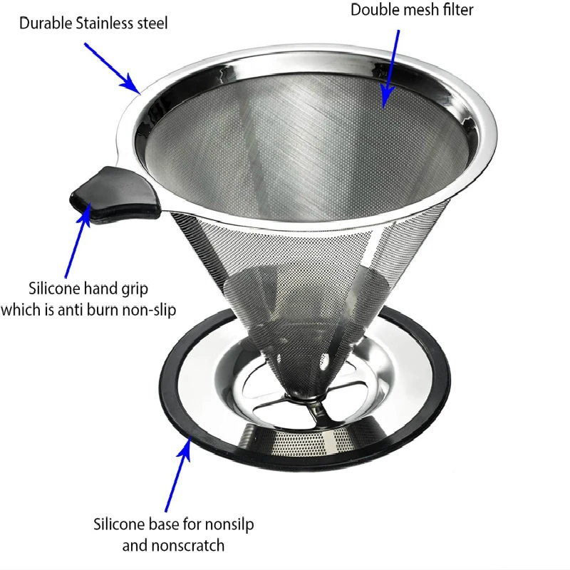 Stainless Steel Pour Over Coffee Cone Dripper Paperless Reusable Ultra Fine Micro Mesh Filter
