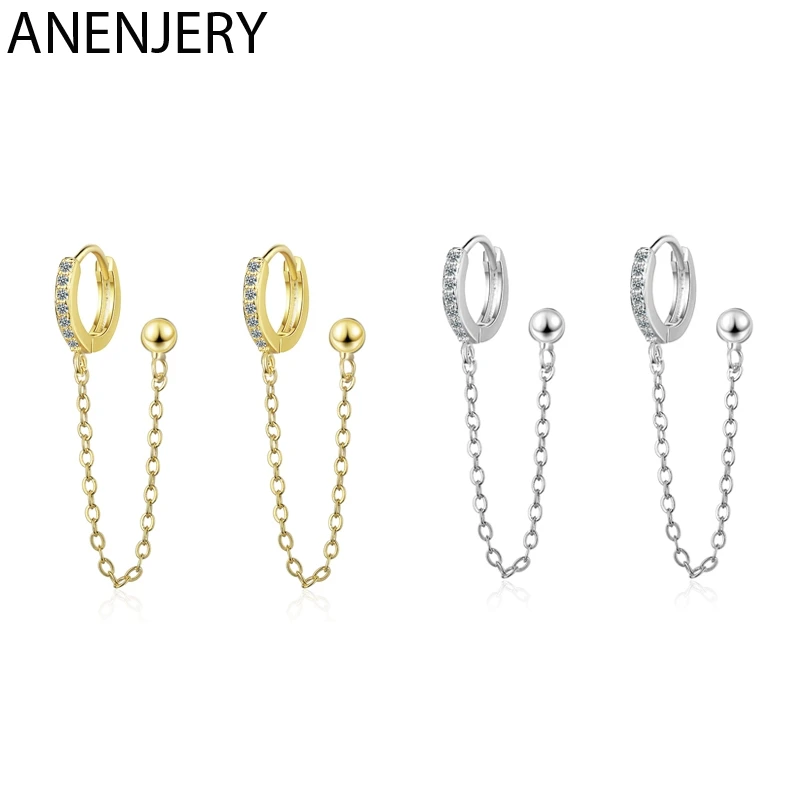 ANENJERY, 1 шт., Двойные серьги с отверстием для уха, кубические серьги-кольца с цирконом, 925 пробы, серебряная цепочка, серьги с шариком, ювелирные изделия для женщин, S-E1009
