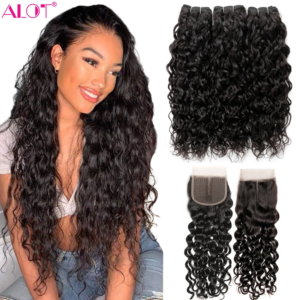 

40 Inch Water Wave Bundles With Closure Brazilian Wet And Wavy 100% Human Hair Weave 3 4 Bundles With 5x5 Lace Part Closure