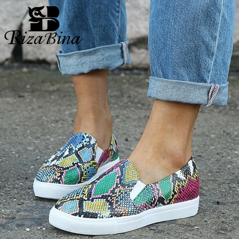 

RIZABINA Women Flats Round Toe Colorul Snakeskin Lofers For Women Slip On Pu Leather Elastic Band Ladies Platform Size 35-43