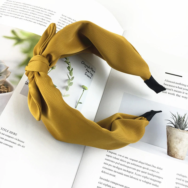 Cute Women Girl Hair Hoop Band Rabbit Ears Headband Retro Satin Bow Vintage Solid Color Head Hoop Bezel Haar Hair Accessories - Цвет: Цвет: желтый