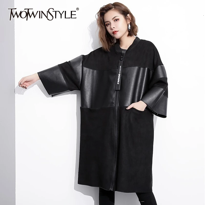 TWOTWINSTYLE, свободный крой, черная куртка из искусственной кожи, большой размер, новинка, стоячий воротник, длинный рукав, Женское пальто, модное, осень