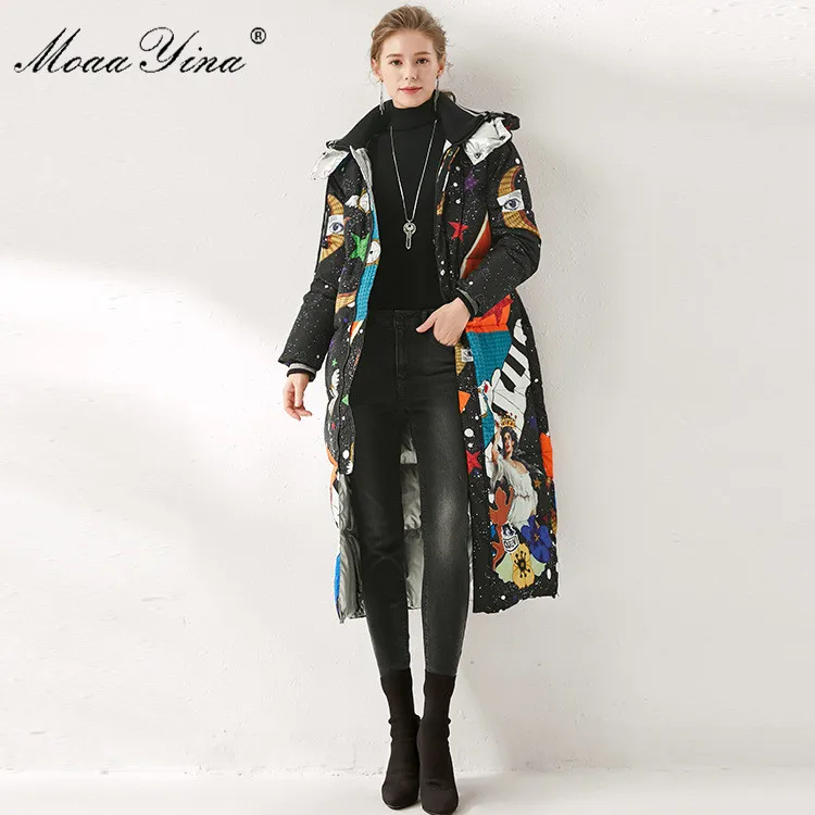 MoaaYina, высокое качество, Женское зимнее подиумное пальто, с капюшоном, с воротником, с мультипликационным принтом, элегантное, белое, утиный пух, длинный пуховик, верхняя одежда