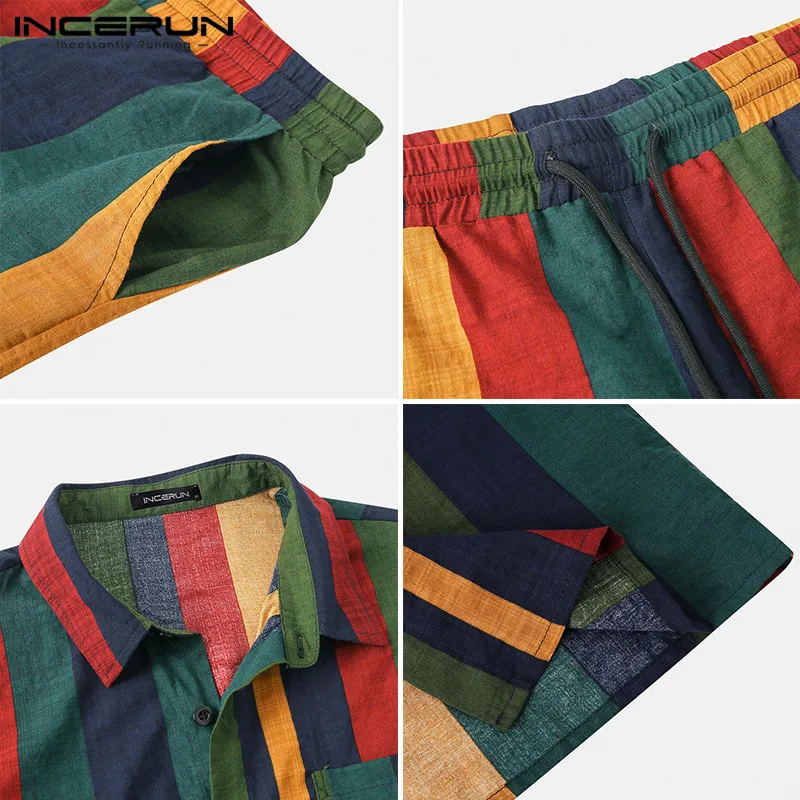 2021 Men Hawaiian Sets Striped Short Sleeve Lapel Button Casual Shirt Beach Shorts Streetwear Breathable Mens Suits INCERUN 7 - Image 6