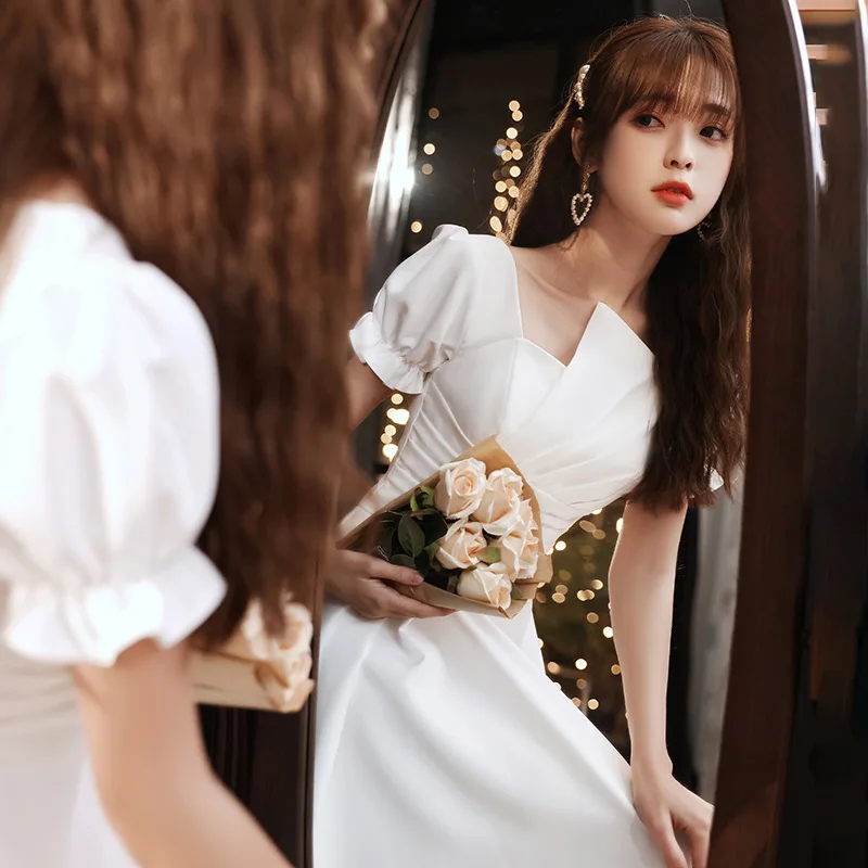 

2021 Women 's Elegant Evening Dresses Square Collar Short Puff Sleeve Tea-Length Straight Party Gown Solid Color Patchwork Dress