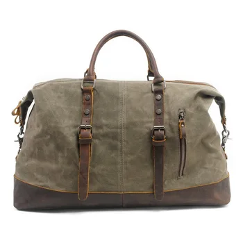 

Vintage Waxed Canvas Men Travel Duffel Large Capacity Oiled Leather Weekend Bag Basic Holdall Tote Overnight Bags Green