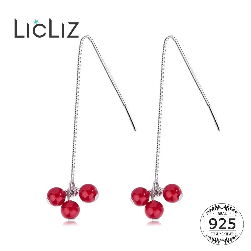 LicLiz 925 Sterling Silver Red Cherry Agate Drop Earrings for Women Long Box Chain Dangle Earring Jewelry Brinco LE0642 | Украшения и