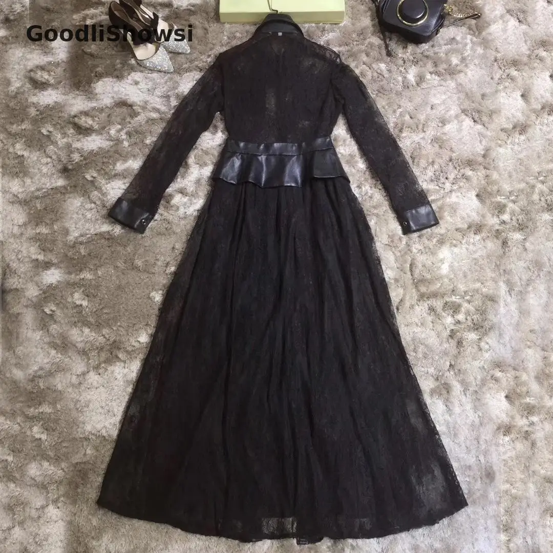 GoodliShowsi высококачественное черное сексуальное кружевное платье из прозрачной кожи в стиле пэчворк с длинным рукавом однобортное женское длинное платье