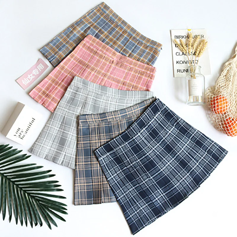 BEFORW-minifaldas plisadas de estilo japonés para mujer, faldas cortas de estilo coreano, de cintura alta, estilo Kawaii, con cuadros rosas, estilo informal, 2021