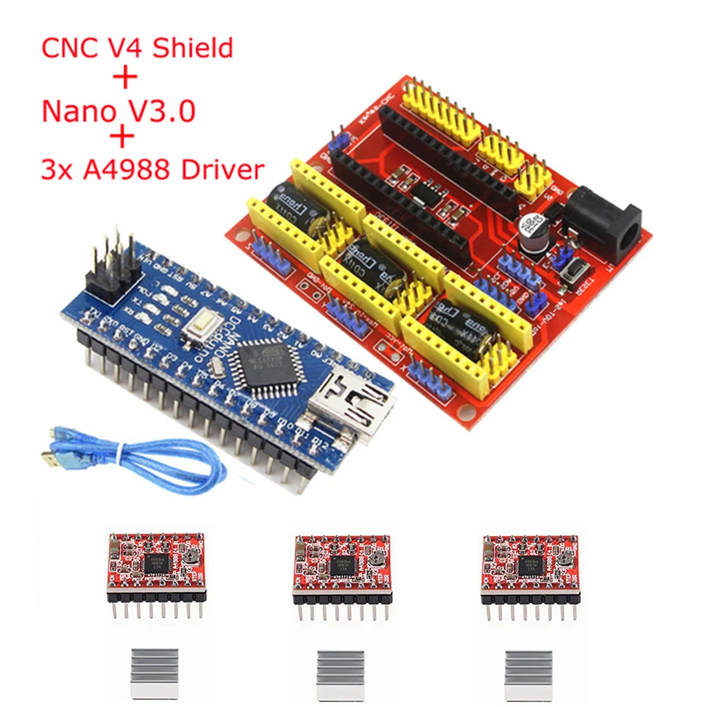 Engraving Expansion Board Kit Controller CNC Shield V4 Nano 3.0 Board A4988 Driver with USB Cablefor for 3d printer parts nano v3 0 nano board atmega328p ch340 5v 16m micro controller board compatible with cable microcontroller board for arduino