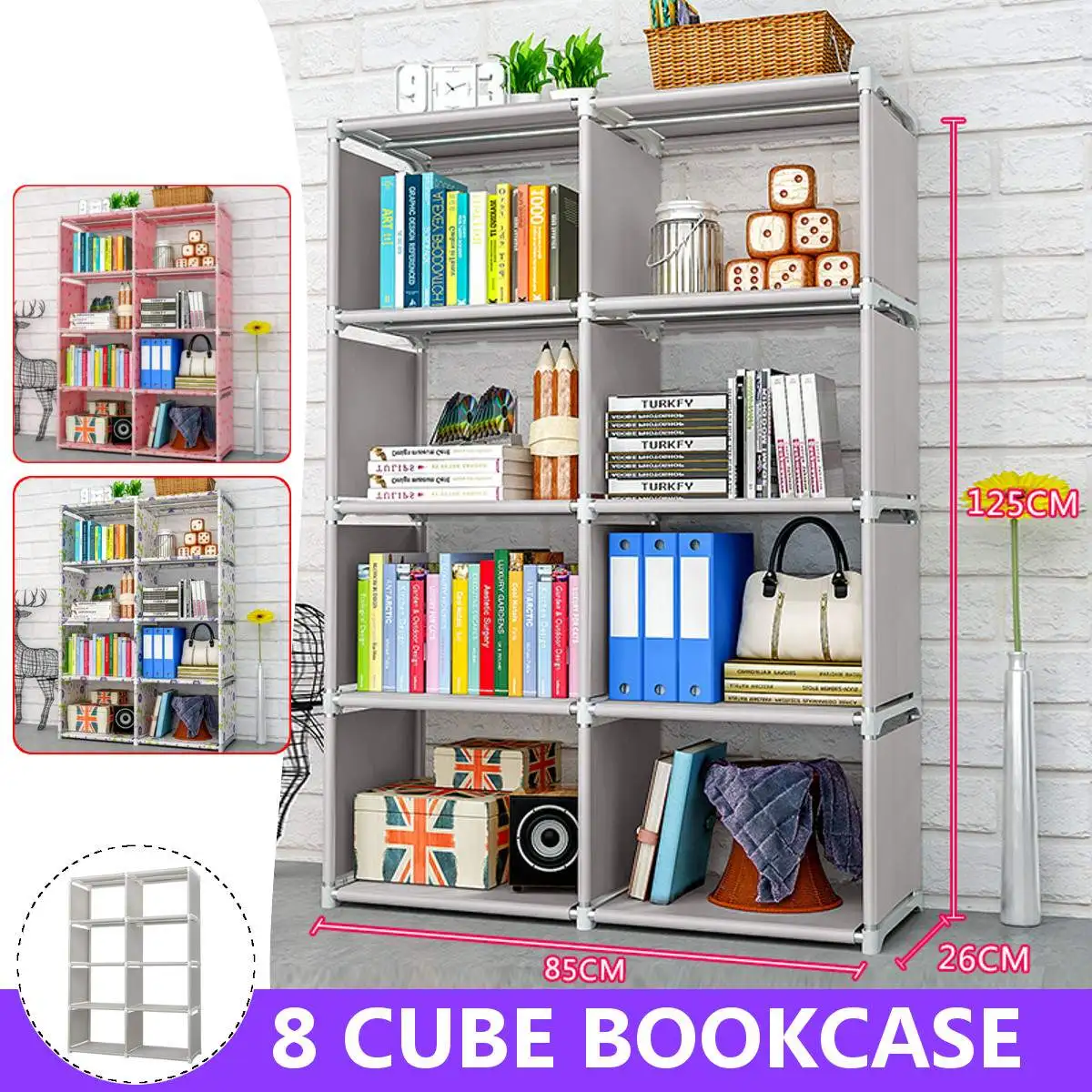 125cm Double Rows 8 Cube Decorative Display Stand Toys Storage Shelf Rack Bookcase Cabinet Organizer Bookshelf Book Display Unit
