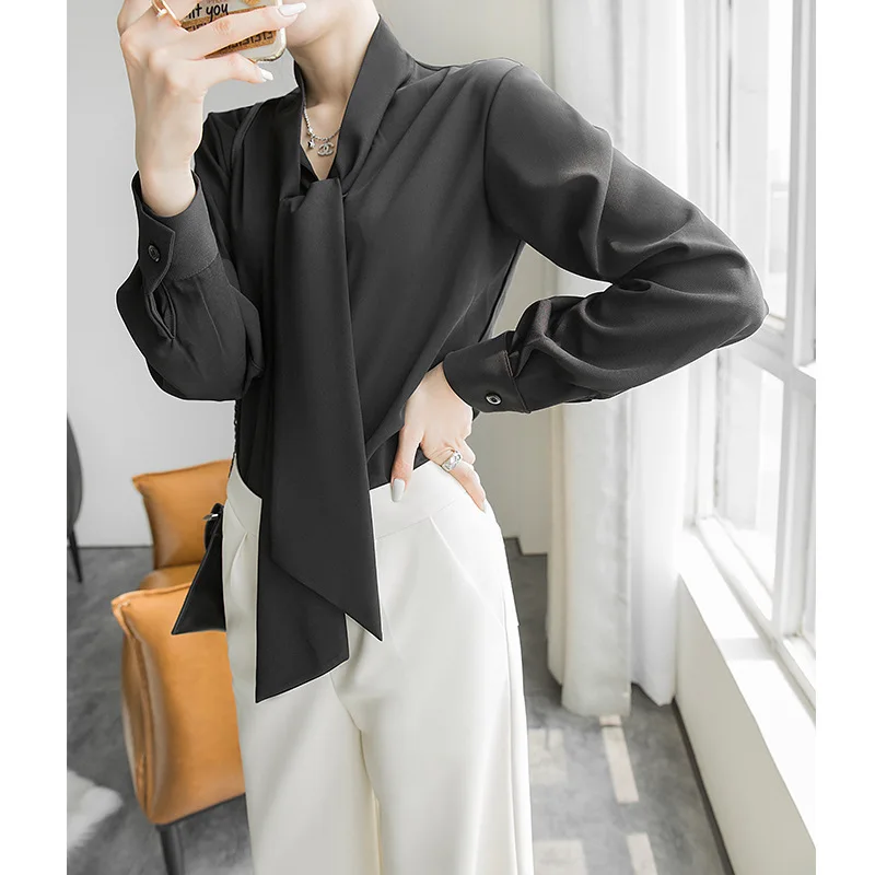 

2020 New Light Mature Wind Lace Up Chiffon Shirt Two Color Fixed Weave Irregular Design Feeling Small Number of Shirt Women