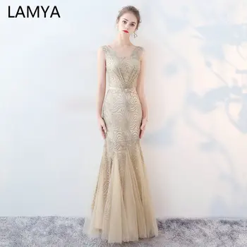 

LAMYA Princess Elegant Backless Mermaid Evening Dresses V Neck Sequined Prom Party Dresses Long Formal Gown Robe De Soiree Tulle