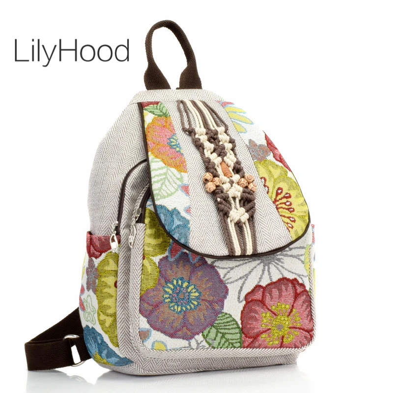 Small Backpack Knapsack-Bag Crochet-Rope Hippie-Style Bohemian Casual Women Floral Details
