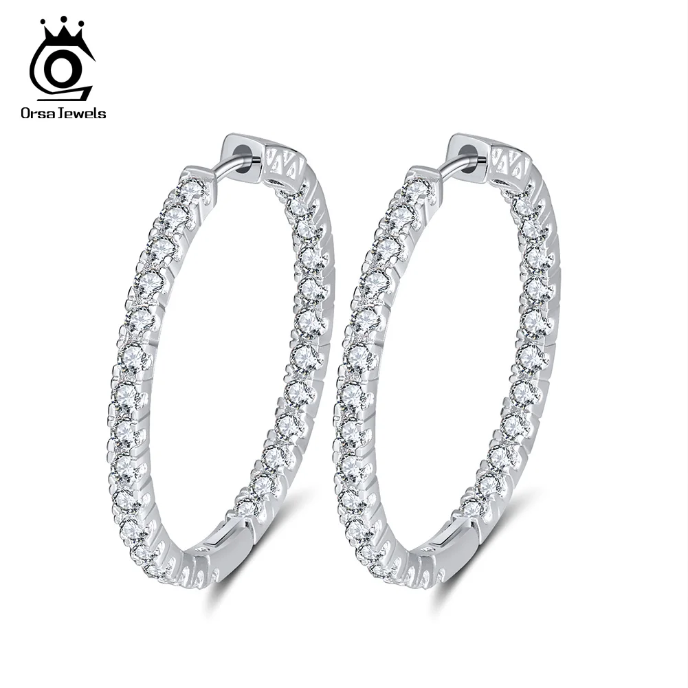 ORSA JEWELS 35mm Big Size Women Hoop Earrings Full Zircon 35 MM Circle Earrings Trendy Delicate Lady Luxury Party Jewelry OE137