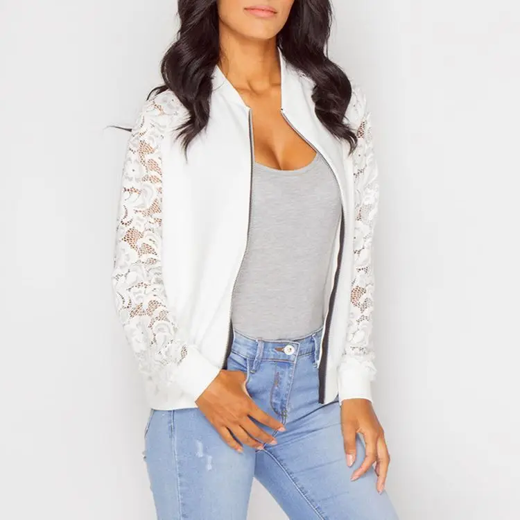 

Europe And America WOMEN'S Dress Hot Selling Solid Color Lace Long Sleeve Zip-up Jacket Jacket 1417