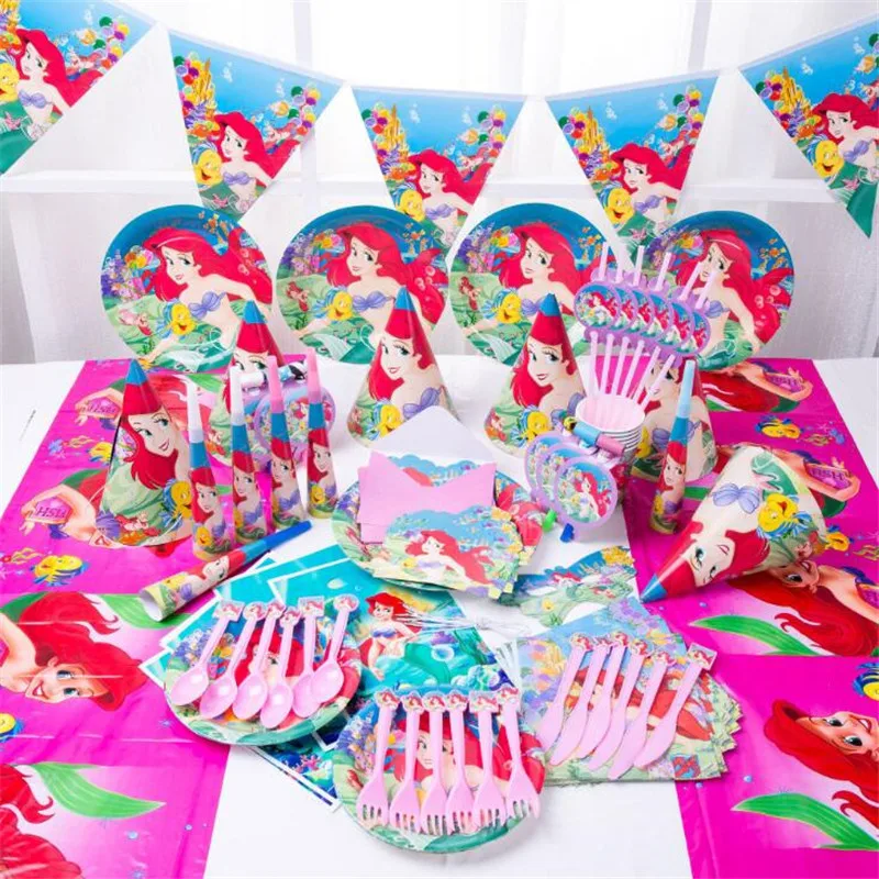 Disney Ariel Princess Disposable Party Supplies Xmas Party Tableware Kids Girls Birthday Party Dinnerware Festival Wedding Decor
