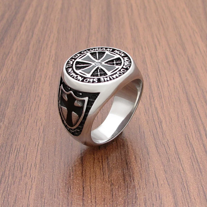 Unique 316L Stainless Steel Knights Templar Ring Custom Design Wholesale Price Shield Black Epoxy Clean Zircon Red Cross Rings 4