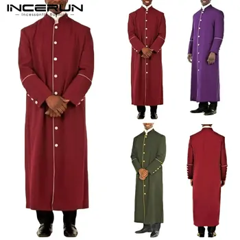 

INCERUN 2020Spring Mans Long Coat Single Breasted Solid Color Overcoat Fashion Stand Collar Woolen Coat Men Casual Loose Jacket